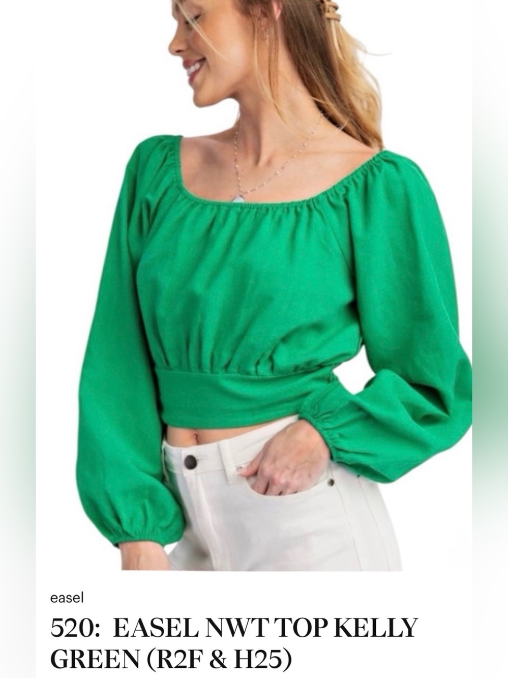 easel NWT Vibrant Kelly Green Square-Neck Puff Sleeve Crop Top size Large